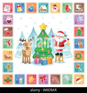 Conto alla rovescia di natale Calendario dell'Avvento con Natale icone decorative, divertente Babbo Natale e un cervo. Illustrazione Vettoriale senza la trasparenza. Illustrazione Vettoriale