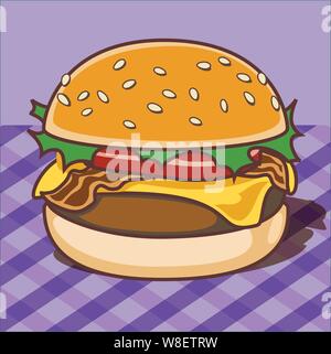 Hamburger e bun con formaggio, pancetta, lattuga e pomodoro ubicazione su una tavola a scacchi panno Illustrazione Vettoriale