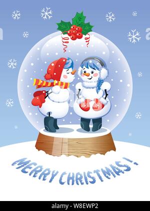 Auguri di Buon Natale. Un simpatico Natale Snow Globe con un bacio pupazzo di neve all'interno. Illustrazione Vettoriale. Illustrazione Vettoriale