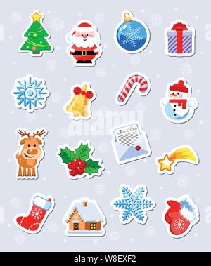 Set di 16 divertenti Natale e Anno Nuovo adesivi. I personaggi dei cartoni animati. Illustrazione Vettoriale. Design piatto senza trasparenza. Illustrazione Vettoriale