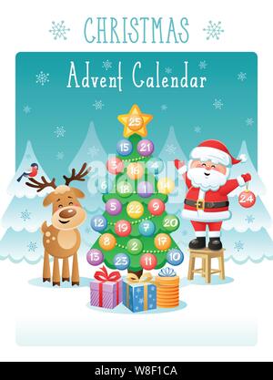 Natale calendario dell'Avvento con graziosi Santa Claus, cervi e Bullfinch. Illustrazione Vettoriale. Design piatto senza trasparenza. Illustrazione Vettoriale