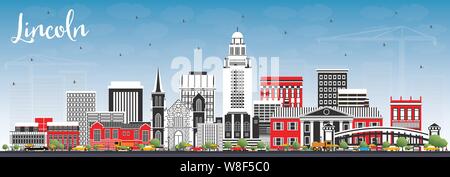 Lincoln Nebraska skyline della città con edifici di colore e cielo blu. Illustrazione Vettoriale. Viaggi di affari e di turismo con il concetto di architettura storica. Illustrazione Vettoriale