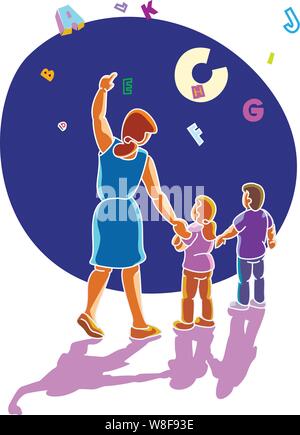 Insegnante femmina con due bambini mostrando loro le lettere dall'alfabeto come galleggiano pensato il cielo Illustrazione Vettoriale