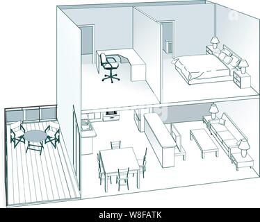 Casa di bambola schema. Sezione trasversale di una casa con cucina, patio, sala soggiorno, ufficio, camera da letto e spazio soffitta Illustrazione Vettoriale