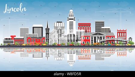 Lincoln Nebraska skyline della città con edifici di colore, cielo blu e riflessi. Illustrazione Vettoriale. Viaggi di affari e turismo concetto con una storica Illustrazione Vettoriale