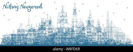 Delineare Nizhny Novgorod Russia dello skyline della città con edifici di colore blu. Illustrazione Vettoriale. Viaggi di affari e di turismo con il concetto di architettura storica. Illustrazione Vettoriale