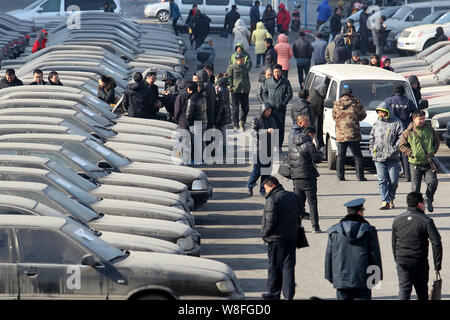 --FILE--le persone guardano al governo auto prima sono devoluti a Shenyang City, a nord-est della Cina di provincia di Liaoning, 10 febbraio 2014. La prima Foto Stock