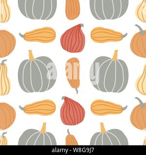 Disegnare a mano la zucca Seamless Pattern in semplice stile Doodle sfondo vettoriale zucche in colori pastello di diverse forme e dimensioni. Illustrazione Vettoriale