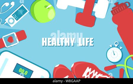 Banner di vettore per il fitness, sport, dieta e stile di vita sano concetto Illustrazione Vettoriale