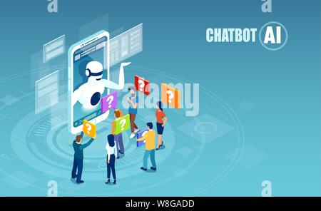 Intelligenza artificiale e chat bot concetto tecnologico. Vettore di uomini e donne in chat con applicazione chatbot. Illustrazione Vettoriale