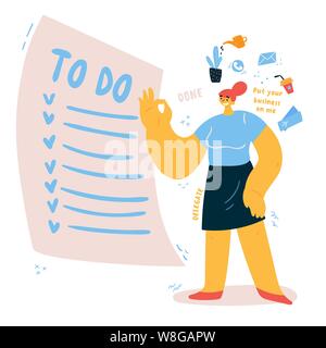 Assistente personale, giovane donna con un completo to-do list.Put il vostro business su me concept.Multitasking helper. Ci sono molte attività di elenco da fare Illustrazione Vettoriale