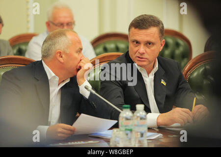 Kiev, Ucraina. Il 9 agosto, 2019. MPs Nestor Shufrych e Serhiy Lyovochkin sono visti durante la riunione di Kiev, Ucraina, Agosto 9, 2019. La prima sessione del neo eletto Verkhovna Rada di Ucraina che si terrà il 29 agosto è stato deciso nel corso della riunione del gruppo preparatorio. Credito: Sergii Kharchenko/ZUMA filo/Alamy Live News Foto Stock