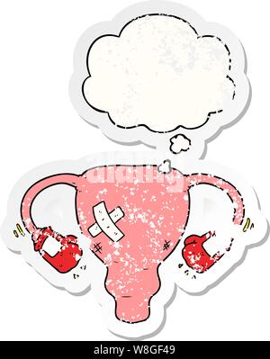 Cartoon battere con utero i guantoni con bolle di pensiero come un distressed adesivo usurati Illustrazione Vettoriale