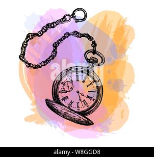 Disegnato a mano stile sketch pocket watch isolati su sfondo bianco. Illustrazione Vettoriale. Illustrazione Vettoriale