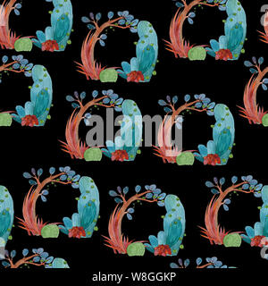 Motivo in cactus acquerello senza cuciture su sfondo nero Foto Stock