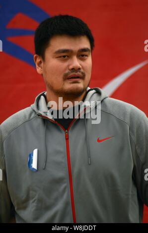 Pensionato cinese superstar di basket Yao Ming assiste alla cerimonia di apertura del Shanghai NBA Yao Basket Club in Cina a Shanghai, 11 Gennaio 2015 Foto Stock