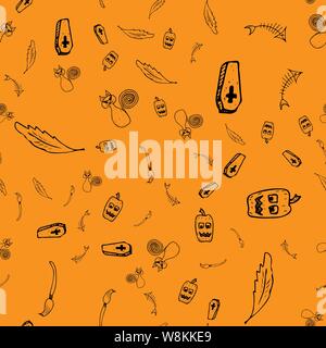 Halloween doodle seamless pattern impostato isolato su sfondo arancione. Set di contorno del disegno senza soluzione di continuità con il nero Halloween doodle elementi. Delineare col Illustrazione Vettoriale