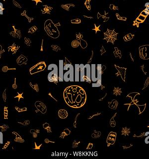 Halloween doodle seamless pattern impostato isolati su sfondo nero. Set di contorno del disegno senza soluzione di continuità con il nero Halloween doodle elementi. Profilo coll Illustrazione Vettoriale