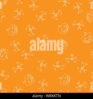 Bat e zucca di Halloween perfetta delineare in astratto stile. Pipistrelli e zucche seamless pattern contorno di Halloween su sfondo nero. Holiday de Illustrazione Vettoriale
