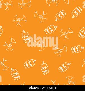 Bat e zucca di Halloween perfetta delineare in astratto stile. Pipistrelli e zucche seamless pattern contorno di Halloween su sfondo nero. Holiday de Illustrazione Vettoriale