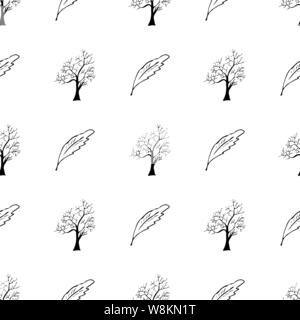 Disegnata a mano un modello senza giunture di incisa di foglie di quercia e alberi isolati su sfondo bianco. Vintage doodle seamless pattern di foglie di quercia e alberi. Illustrazione Vettoriale