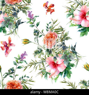 La pittura ad acquerello di foglie e fiori, seamless pattern su sfondo bianco Foto Stock