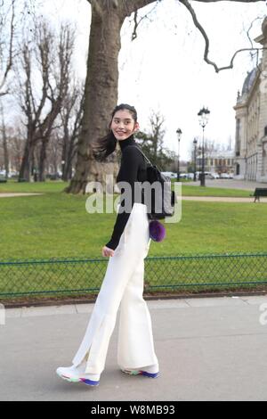 Modello cinese Xi Mengyao pone per street snap dopo la sfilata Chanel durante il Paris Haute Couture Fashion Week Primavera/Estate 2016 a Parigi, Foto Stock