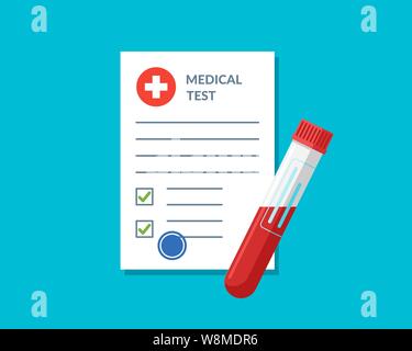 Contenitore per provette per analisi del sangue e modulo di analisi del laboratorio medico con dati dei risultati e illustrazione vettoriale del segno di spunta approvato. Documento vuoto della lista di controllo dell'esame clinico. Concetto di servizio di cura della medicina Illustrazione Vettoriale