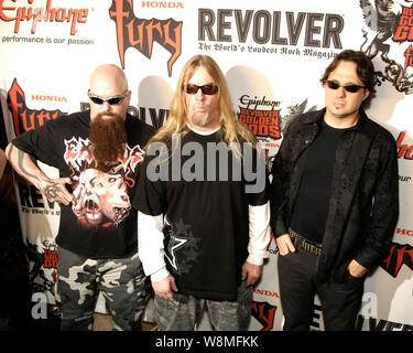 Kerry King e Jeff Hanneman e Dave Lombardo degli Slayer arriva al 1° Annuale di Epiphone Revolver Golden Gods Awards presso il Club Nokia il 7 aprile 2009 a Los Angeles. Foto Stock