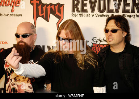 Kerry King e Jeff Hanneman e Dave Lombardo degli Slayer arriva al 1° Annuale di Epiphone Revolver Golden Gods Awards presso il Club Nokia il 7 aprile 2009 a Los Angeles. Foto Stock