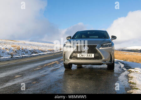 Brecon Beacons, UK: Gennaio 30, 2019: una Lexus NX 300h F-Sport crossover auto ibrida sul lato strada nella neve e pericolose condizioni di gelo. Foto Stock