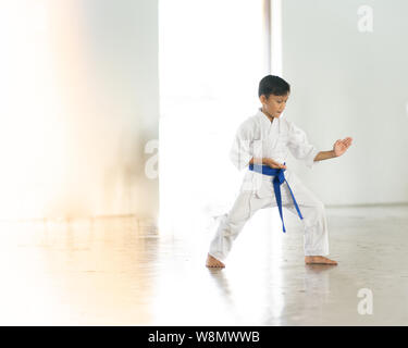 Giovane ragazzo in cintura blu di karate di formazione. Foto Stock