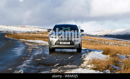 Brecon Beacons, UK: Gennaio 30, 2019: una Lexus NX 300h F-Sport crossover auto ibrida sul lato strada nella neve e pericolose condizioni di gelo. Foto Stock