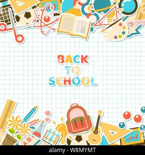 Torna a scuola con sfondo colorato Corso e scuola di adesivi di elemento in stile piatto sulla carta a griglia Illustrazione Vettoriale
