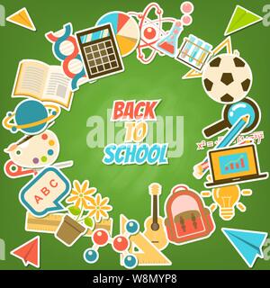 Si torna a scuola background circondato da Corso e scuola di elementi, articoli di cancelleria sulla lavagna verde nel piatto in stile adesivo Illustrazione Vettoriale