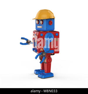 Ingegnere di concetto di robot con 3D rendering robot giocattolo di stagno con elmetto Foto Stock