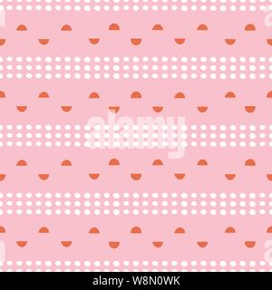 Macchie astratte e semi cerchi geometrici modello senza cuciture in rosa, arancione e bianco. Moderno vettore ripetere design. Illustrazione Vettoriale
