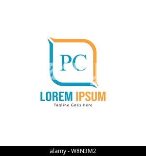 Iniziale logo PC Modello con telaio moderno. PC minimalista lettera logo illustrazione vettoriale design Illustrazione Vettoriale