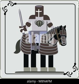 Di colore scuro a cavaliere in casco & armor su un cavallo con protezione della posta, con la spada. Illustrazione Vettoriale