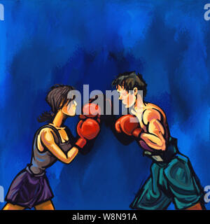 Maschio e femmina boxer face off con guanti & grave guarda Foto Stock