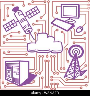 Lo storage cloud circondato da un satellite, un computer desktop, un server e un telefono cellulare torre. Il collegamento di tutti insieme sono il commerciante itinerari di un circuito Illustrazione Vettoriale
