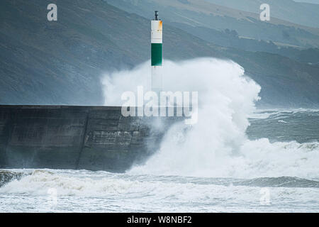10 ago 2019 Aberystwyth Wales UK. Regno Unito: Meteo gale force vento con raffiche fino a oltre 50km/h e il mare in tempesta pastella il faro del porto, e rende la vita difficile per i pedoni in Aberystwyth come unseasonably bagnato e ventoso spazia su gran parte dell'ovest del Regno Unito , portando gravi perturbazioni per viaggiare e forzare la cancellazione di molti eventi all'esterno. Credito foto Keith Morris/Alamy Live News Foto Stock