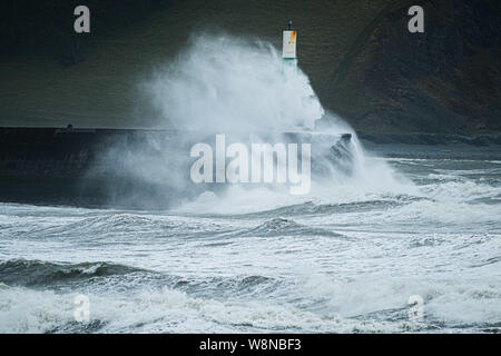 10 ago 2019 Aberystwyth Wales UK. Regno Unito: Meteo gale force vento con raffiche fino a oltre 50km/h e il mare in tempesta pastella il faro del porto, e rende la vita difficile per i pedoni in Aberystwyth come unseasonably bagnato e ventoso spazia su gran parte dell'ovest del Regno Unito , portando gravi perturbazioni per viaggiare e forzare la cancellazione di molti eventi all'esterno. Credito foto Keith Morris/Alamy Live News Foto Stock