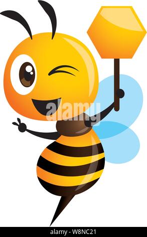 Cartoon carino bee che mostra la vittoria la mano e tenendo un miele forma signage. illustrazione vettoriale isolato Illustrazione Vettoriale