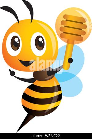 Cartoon carino bee puntamento e tenendo un miele bilanciere. illustrazione vettoriale isolato Illustrazione Vettoriale