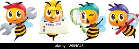 Cartoon carino bee mascot set. Cartoon carino bee in possesso di una chiave, tenendo un digital signage, tenendo una lente di ingrandimento, tenendo una zappa. Laboriosa bee indossa Illustrazione Vettoriale