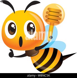 Carino bee tenendo un miele il bilanciere con il pollice fino a mano - segno vettore Illustrazione Vettoriale