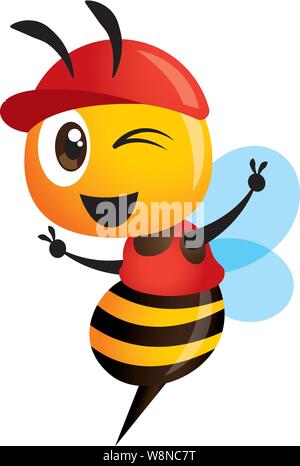 Cartoon bee indossa cappuccio rosso mostra la vittoria mano segno, illustrazione vettoriale mascotte Illustrazione Vettoriale