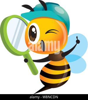 Cartoon carino bee indossando blue Cappuccio di sicurezza e tenendo una lente di ingrandimento. Carino mascotte ape laboriosa. Illustrazione di vettore isolato Illustrazione Vettoriale