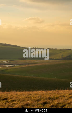 Guardando oltre la valle Cuckmere verso Seaford in serata calda luce 2 Foto Stock